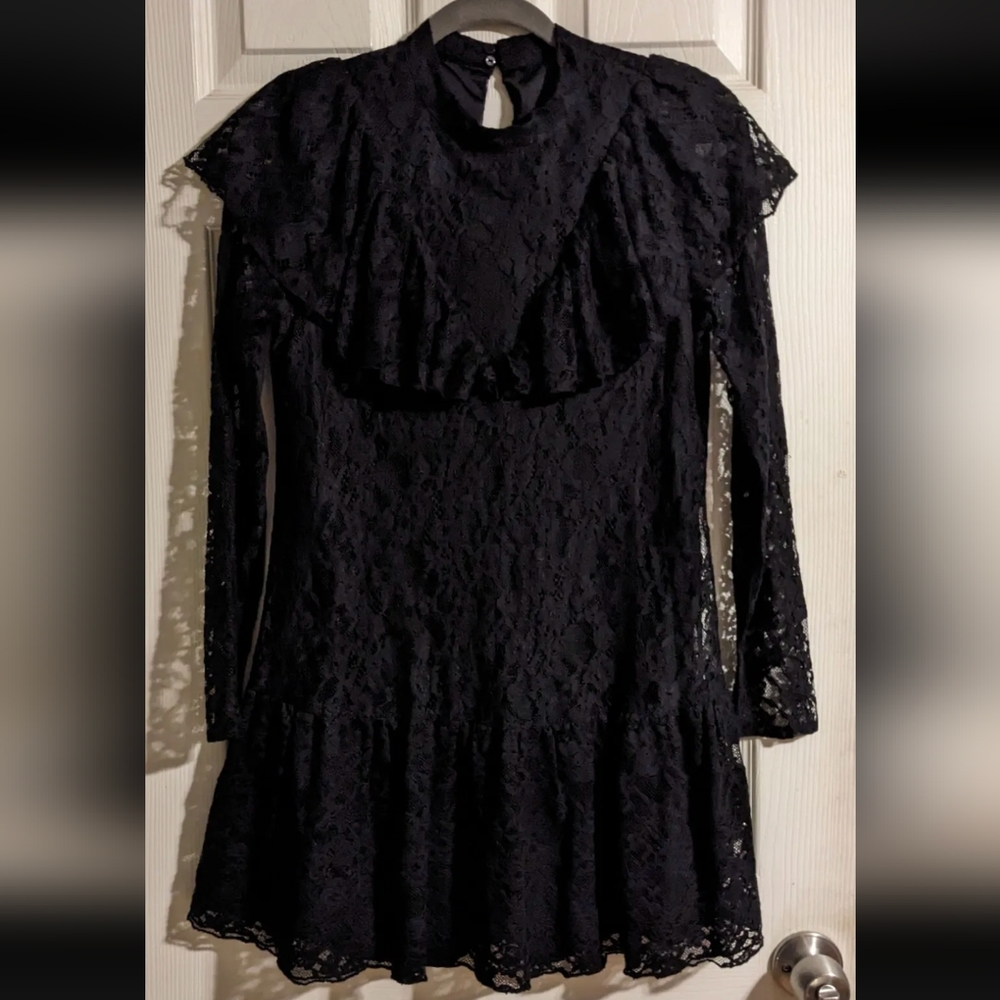 Zara Black Lace Dress XS Long Sleeve High Neck Ruffly Fall Goth